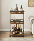 Kicking Your Hosting Game Up A Notch Requires This Rolling Three Tier Bar Cart with smooth casters and wood shelves, holding drinks.