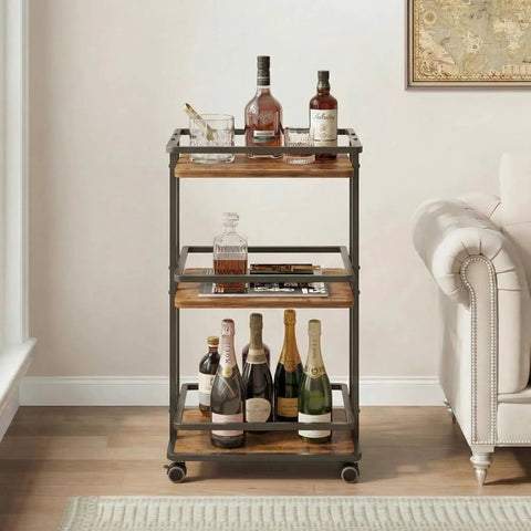 Kicking Your Hosting Game Up A Notch Requires This Rolling Three Tier Bar Cart with smooth casters and wood shelves, holding drinks.
