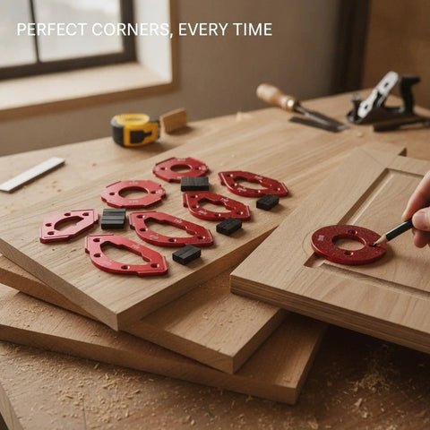 Seven Piece Aluminum Corner Radius Template Kit For Precision Woodworking and Cabinet Edge Rounding With Standard Router Compatibility arranged on wood surface.