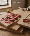 Slick 7 Piece Aluminum Corner Radius Template Set For Clean Router Edge Guiding And No Sweat Cabinet Door Rounding Kit, red templates on wood.