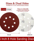 Front and back view of 5 inch sanding disc with 8 holes from 60 Piece 5 Inch Sanding Discs Kit With Hook And Loop Backing For Orbital Sander Grit Range 40 80 120 240 400 800 1000 2000 3000 5000 All In One DIY Friendly Pack For Wood And Metal Polishing