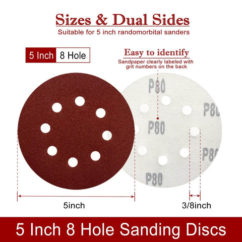 Front and back view of 5 inch sanding disc with 8 holes from 60 Piece 5 Inch Sanding Discs Kit With Hook And Loop Backing For Orbital Sander Grit Range 40 80 120 240 400 800 1000 2000 3000 5000 All In One DIY Friendly Pack For Wood And Metal Polishing