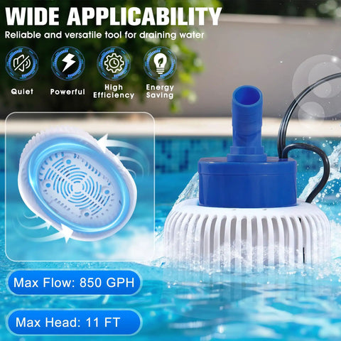 All Weather Navy Pool Cover Pump With Lights, Submersible Sump Pump For Above Ground Pools, 850 GPH in pool