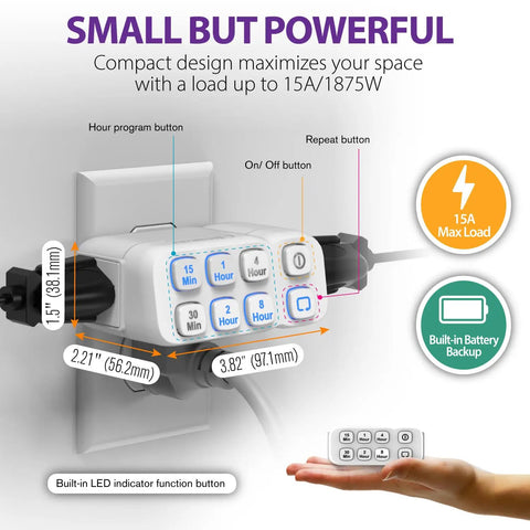 Foolproof Dual Outlet Countdown Plug In Timer For Indoor Lights And Appliances No Sweat Programmable Electric Socket with buttons and LED indicator.