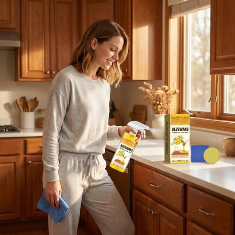 Woman using Beeswax Furniture Polish And Cleaner With Quick Fix Wood Repair Stick For All Wood Types Tables And Cabinets Restore Natural Shine Remove Dullness And Grime In One Easy Spray Wipe Clean No Fuss in kitchen.