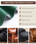 Heavy Duty Leather Repair Tape Kit That Delivers A Dang Sure Fix Easy Peel And Stick Couch Patches For Scratches Scuffs And Tears No Sew Brown 8.2 By 11 Inch 2 Pack showing green leather material roll.