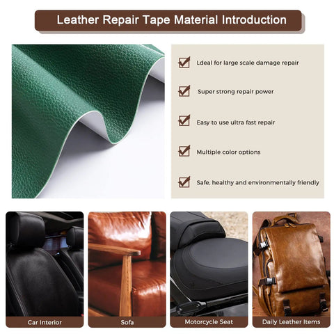 Heavy Duty Leather Repair Tape Kit That Delivers A Dang Sure Fix Easy Peel And Stick Couch Patches For Scratches Scuffs And Tears No Sew Brown 8.2 By 11 Inch 2 Pack showing green leather material roll.