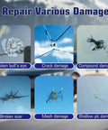 Image showing different windshield damages: broken bull's eye, crack damage, compound damage, broken star, mesh damage, shallow pit.