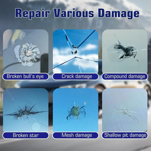 Image showing different windshield damages: broken bull's eye, crack damage, compound damage, broken star, mesh damage, shallow pit.