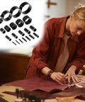 Person using Leather Circle Cutter Tool Set With 21 Piece Pro Grade High Carbon Steel Punch Kit for precise cuts in leather.