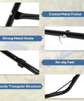 Close-up details of a Heavy Duty Universal Double Hammock Stand For Two People, Steel Indoor Outdoor Frame, showcasing metal frame, hooks, feet, and structure.