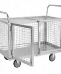 Rock Solid Heavy Duty Platform Truck With Secure Cage And Adjustable Panels, Hella Tough 2000 Pound Industrial Material Storage Cart For Warehouses And Outdoor Jobsites with open steel cage design.