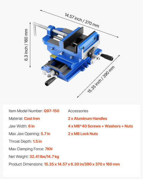 Cross Slide Drill Press Vise With 6 Inch Jaw 2 Way X Y Axis Heavy Duty Cast Iron Bench Vise Clamp with dual handles on white background