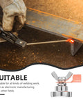 Heavy Duty Magnetic Welding Ground Clamp With Strong Magnet Holds Firmly On Metal Poles And Tables To Boost Safety Efficiency During Any Electric Weld Job No Slipping Or Shaking Just Reliable Grip For Pros, used during welding.