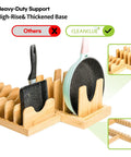 Expandable Bamboo Pots And Pans Organizer Under Cabinet With Adjustable Lids Rack for bakeware and cutting boards, natural finish