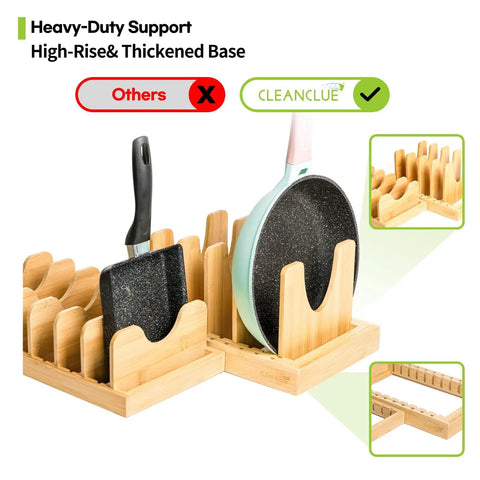 Expandable Bamboo Pots And Pans Organizer Under Cabinet With Adjustable Lids Rack for bakeware and cutting boards, natural finish