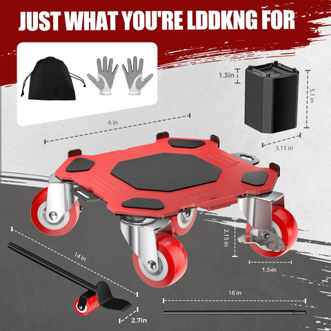 Kavlium Heavy Duty Furniture Dollies With 5-Wheel Movers, Reinforced Carbon Steel, with dimensions and accessories shown.