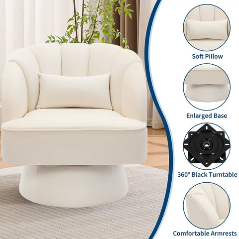Velvet Swivel Barrel Chair With Plush Padding And Striped Backrest, beige, 360 degree rotation, features highlighted