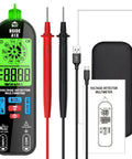 Rechargeable Digital Multimeter Tester With Smart Mode And Red Green Backlight for DIYers, shown with probes and carrying case