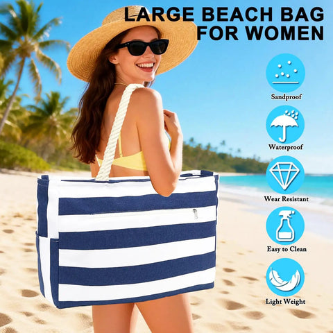 Woman holding Waterproof Sandproof Large Canvas Beach Tote For Women with Zippered Wet Pocket on a sunny beach