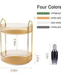Kick Back And Organize Your Vanity Game With This Smooth Spin 360 Rotating Makeup Organizer Featuring Two Tier High Capacity Storage For Cosmetics Skincare And Perfume In Classic Amber Gold, showing dimensions and color options.