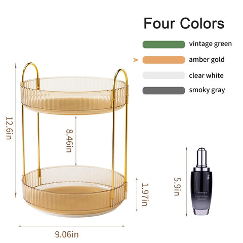Kick Back And Organize Your Vanity Game With This Smooth Spin 360 Rotating Makeup Organizer Featuring Two Tier High Capacity Storage For Cosmetics Skincare And Perfume In Classic Amber Gold, showing dimensions and color options.