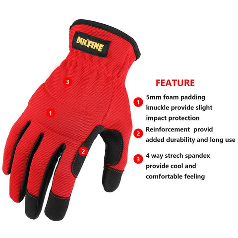 Red Three Pack High Dexterity Work Gloves For Men With Touchscreen Compatibility Enhanced Grip Foam Padding Front View