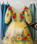 Heavy Duty Steam Cleaner Kit Packing One Thousand Fifty Watts Of Scalding Vapor For Forty Five Minutes Of No Sweat Scrubbing on a floral dress.