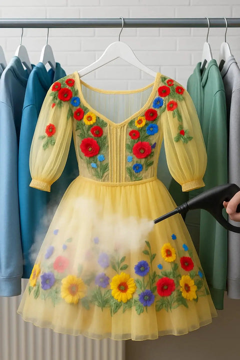 Heavy Duty Steam Cleaner Kit Packing One Thousand Fifty Watts Of Scalding Vapor For Forty Five Minutes Of No Sweat Scrubbing on a floral dress.
