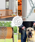 Kickass 12mm Stainless Steel Heavy Duty Chain For Campsite Anchoring Garden Fencing And Industrial Clothes Rack Hanging, shown in various uses including securing a swing, locking a door, and holding a dog leash.