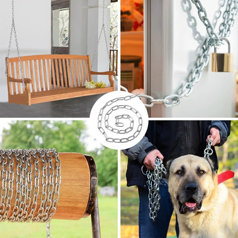 Kickass 12mm Stainless Steel Heavy Duty Chain For Campsite Anchoring Garden Fencing And Industrial Clothes Rack Hanging, shown in various uses including securing a swing, locking a door, and holding a dog leash.