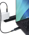 USB C Power Tester And Digital Multimeter Bi Directional Voltage And Current Meter 240W PD EPR Cable Port Tester Real Time Display Grab And Go IT Pro Tool For Quick Diagnostics connected to laptop and charger