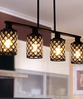 4 Light Linear Pendant Chandelier for Kitchen Island with K9 Crystal and Black Grid Shade Adjustable Height Dining Room Light Fixture Modern Black Pendant Lighting Over Table and Island