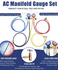 AC manifold gauge set with color-coded blue, red, yellow, and black hoses, dual gauges, and R134a can tap.