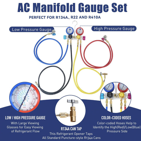 AC manifold gauge set with color-coded blue, red, yellow, and black hoses, dual gauges, and R134a can tap.
