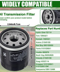 Two Pack 52114 Hydro Gear Transmission Filters For Riding Mowers Fits Toro with dimensions and compatibility chart.