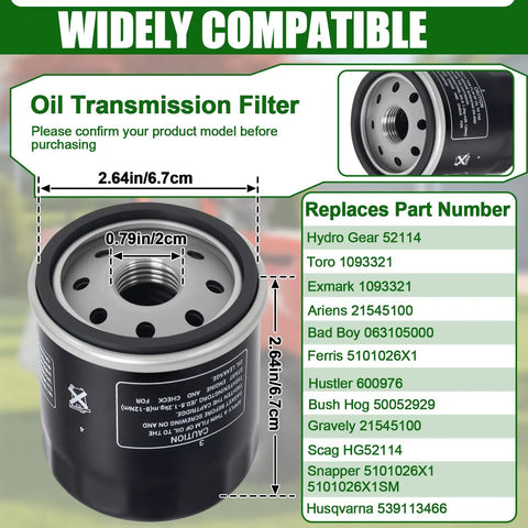 Two Pack 52114 Hydro Gear Transmission Filters For Riding Mowers Fits Toro with dimensions and compatibility chart.