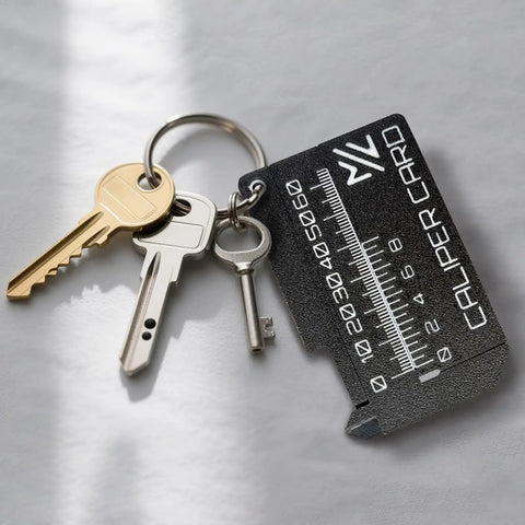 Mini Vernier Caliper Keychain with keys, portable millimeter gauge with double scale, black, lightweight plastic construction