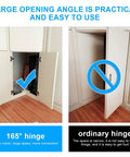 Two Piece 165 Degree Hidden Hinge For Face Frame Cabinets, Clip On Plate No Sweat Install, showing wide cabinet opening.