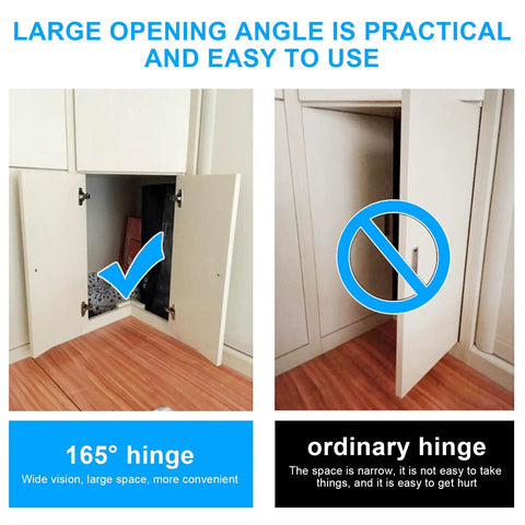 Two Piece 165 Degree Hidden Hinge For Face Frame Cabinets, Clip On Plate No Sweat Install, showing wide cabinet opening.