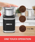 Electric Coffee Bean Grinder With Slick One Touch Operation And 180W Motor brewing espresso with ground levels displayed.