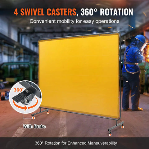 Heavy-Duty Welding Screen With Frame 6X8 Feet Flame-Resistant Vinyl Curtain On Four Swivel Casters Two Locking For Workshop Industrial Garage Portable Protective Barrier Against Sparks UV Rays Heat Radiation Ultimate Shop Beast Construction Yellow