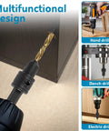 Slick 5-Piece Adjustable Countersink Drill Bit Set with Magnetic Extension Holder and Sizes 4 to 12 used in a hand drill on wood.