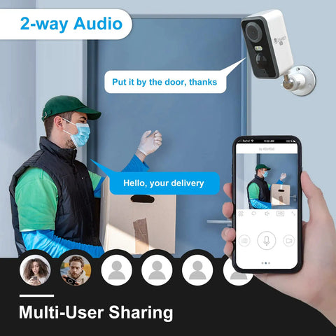 Wireless Outdoor Security Cameras Two Pack 3MP Battery Powered AI Motion Detection Spotlight Siren Alarm Home Surveillance with phone showing two-way audio.