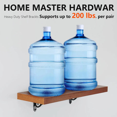 Heavy Duty Decorative Shelf Brackets 5 By 3.5 Inch Matte Black Metal Corner Supports Two Hundred Pounds Built Like A Tank Rust Proof Wall Mount Hardware For Easy Home Organization Two Pack holding two water jugs on a wooden shelf.