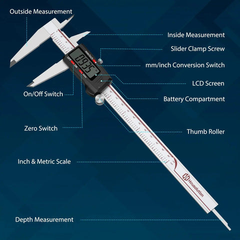 8 Inch Digital Caliper With Large LCD Screen, showing labeled parts like mm/inch switch, thumb roller, made of stainless steel for diverse uses.