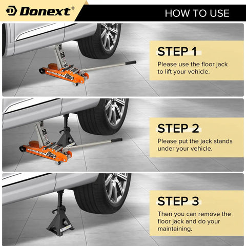 Three-step guide on using Beefy Heavy Duty 3 Ton Steel Jack Stands Adjustable Lift Stands Pair with a vehicle in a garage.
