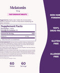 Melatonin 10 Mg Fast Dissolve Tablets Strawberry Flavor 60 Count Sleep Aid For Adults label showing ingredients and serving size.