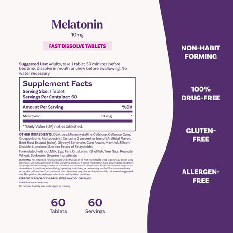 Melatonin 10 Mg Fast Dissolve Tablets Strawberry Flavor 60 Count Sleep Aid For Adults label showing ingredients and serving size.