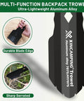 Ultralight Backpacking Trowel With Longer Handle Aluminum Camping Shovel for hiking and survival, showcasing serrated edge and logo.